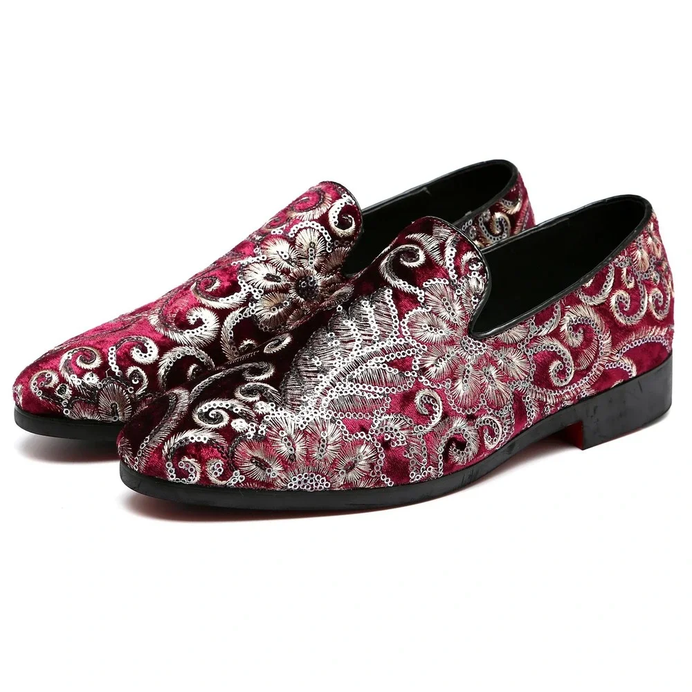 Santimon‎ Men's US 12 Red Velvet Silver Stitching Smoking Loafers Dress Shoes